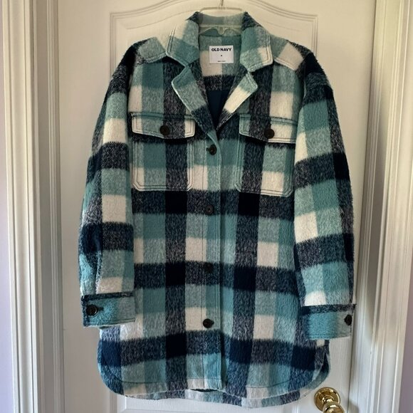 Old Navy Turquoise Cream Plaid Shacket Jacket Misses Size Medium EUC - Picture 1 of 6
